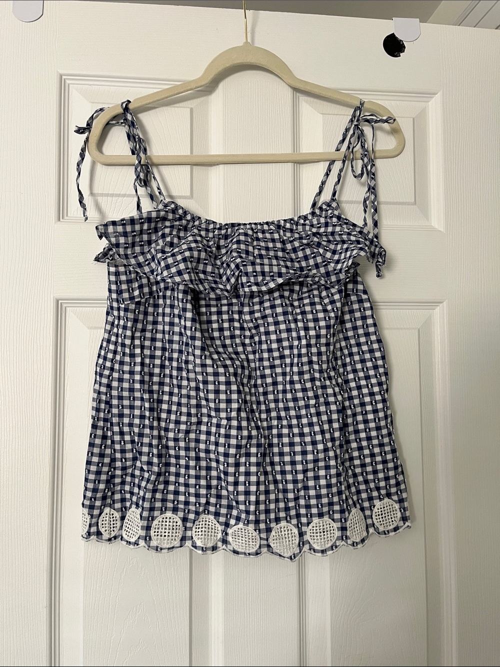 J. Crew Navy and White Gingham Tie-Shoulder Ruffle Camisole